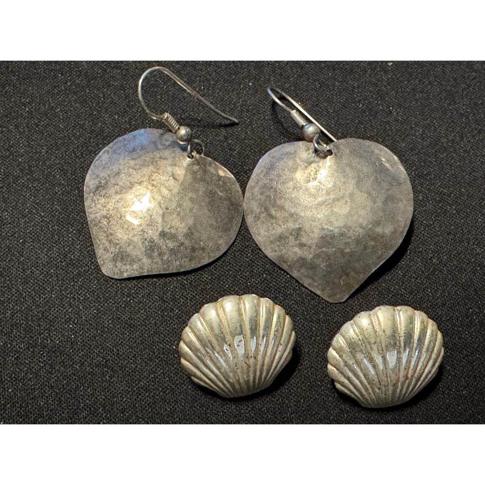 2 Pair of Sterling Pierced Hammered Heart and Shell Earrings